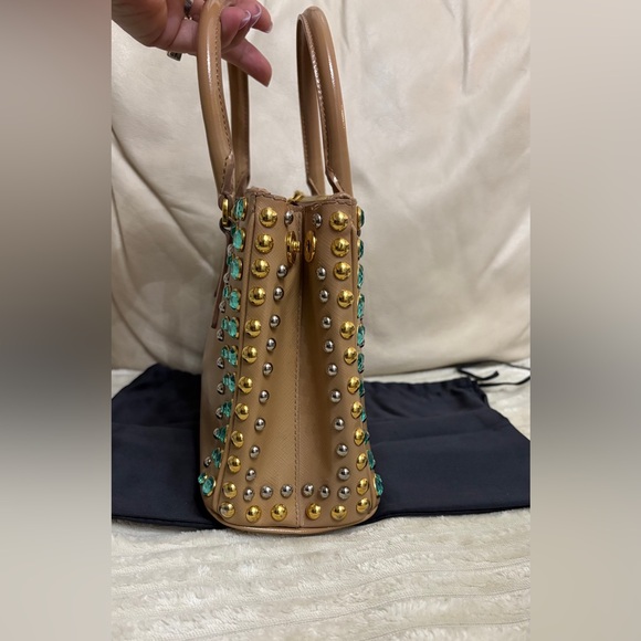 Prada Beige Saffiano Satchel with Turquoise Crystal Studs - Picture 6 of 16
